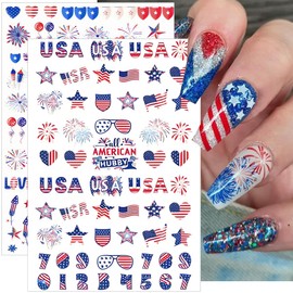 6 Sheets 4th of July Nail Stickers for Nail Art Independence Day Nail Decals 3D Self-Adhesive USA Flag Fireworks Letters Numbers Star Sticker Nail Designs Fourth of July Nails Decoration DIY for Women