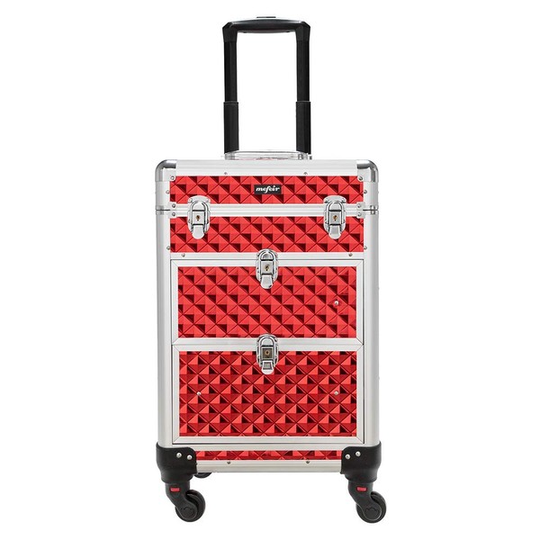 Mefeir Rolling Makeup Train Case Aluminum Cosmetic Luggage Lockable Travel Case Trolley with 4 360-Degree Casters & 2 Sliding Deep Drawers for Professional Artist Hair Stylist, Red