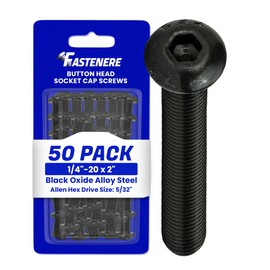 Fastenere Button Head Socket Cap Screws - 1/4-20 x 2 (50-Pcs) Alloy Steel, Fully Threaded, Fine Black Oxide Finish, Corrosion-Resistant, Machine Thread, Easy to Install w/Allen Hex Drive