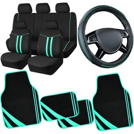 CAR PASS Colour Piping Leather Universal Fit Steering Wheel Cover, Cloth Car Seat Covers Full Set, Waterproof Edge Leather Car Floor Mats, Car Accessories Interior Sets (Black & Mint)