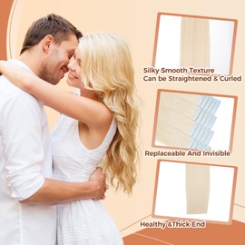 KOCONI Tape Hair Extensions Tape in Hair Extensions Invisble Full Head Tape in Hair Extensions Real Human Lightest Blonde Tape in Hair Extensions 18 Inch 50g/Pack 20Pieces #60 Platinum Blonde
