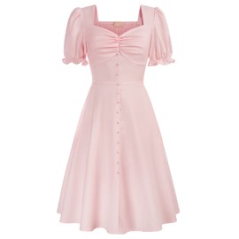 Cottagecore Dress for Women Puff Short Sleeve Vintage Cocktail Swing Dress Beach Dress Pink M
