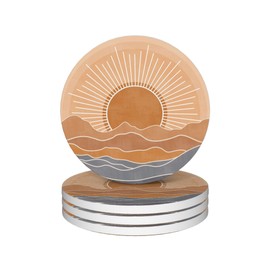 Drinks Coasters Set of 4, Sun Mountain Wave Round 4" Cup Coasters, Absorbent Ceramic Stone Coasters with Cork Base, Cute Coasters for Table Home Décor, Ideal Gifts for Women Men