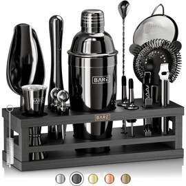 BARE BARREL® Mixology Bartender Kit Bar Set | 16-Piece Cocktail Shaker Set | Martini Barware Mixing Tools for Home Bartending | Incl. 35 Recipe Cards | Gift Set (24oz Cobbler Shaker, Jet Black/Black)
