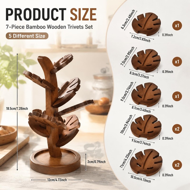 7-Piece Tree Trivet Set with Storage Stand for Hot Dishes,