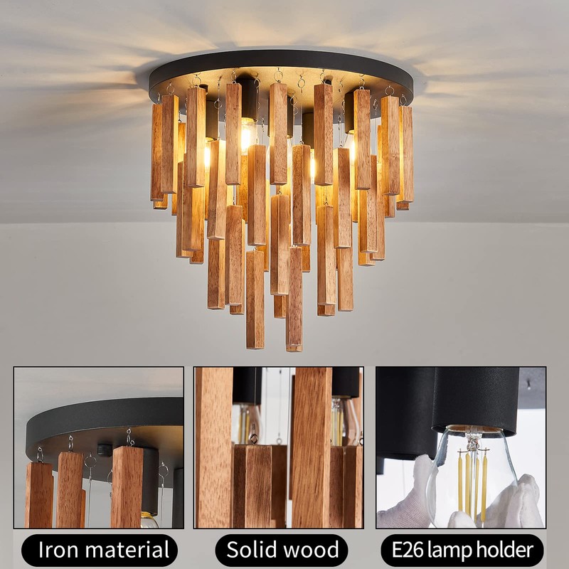 5-Light Semi Flush Mount Ceiling Light Fixture Rustic Wood Chandelier