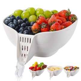 DIZADA Multifunctional Ceramic Drain Basket with Integrated Drain Spout, Colander for Kitchen 60 Oz Large Capacity Food Strainer for Vegetable, Fruits, Pasta, Salad, Heat-Resistant, Dishwasher-Safe