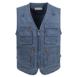 LUSI MADAM Men's Stone Washed Denim Multi-pocketed Fishing Work Outerwear Vest Medium Blue