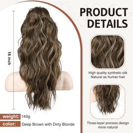 FLUFYMOOZ Ponytail Extension, 18 Inch Claw Clip Ponytail Extension, Wavy Curly Claw Clip in Ponytail Hair Extensions, Natural Fake Ponytail Synthetic Hairpiece for Women (Deep Brown with Dirty Blonde)