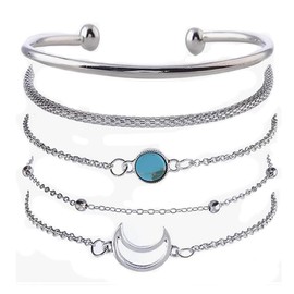 Prosy Multilayer Flower Heart Tuoquoise Crescent Moon Bracelets Set Bead Fantasy Beaded Open Hand Accessories Adjustable Jewelry for Women and Girls (Silver 3)