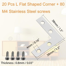 Juvielich Juvielich 20Pcs Flat L Shape Bracket Flat Corner Brace Shelves,38x38mm Stainless Steel Right Angle Corner Brace Repair Plate,Small Dainty Joint Corner Connector for Wood Furniture Chair Drawer Cabinet