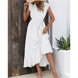 BTFBM Women V Neck Summer Dress 2025 Cap Sleeve Swiss Dot Boho Flowy Ruffle Slit Beach Party Long Maxi Cocktail Dresses(White, X-Large)