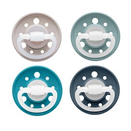 NIP Cherry Soothers Natural Shaped Round Teat in Cherry Shape, Breastfeeding Friendly, Size 1, 0-6 Months, Latex, Brown/Turquoise/Blue/Dark Blue, Pack of 4