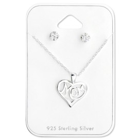 ICYROSE 925 Sterling Silver Mom Heart Necklace & Crystal Stud Earrings Set 28947
