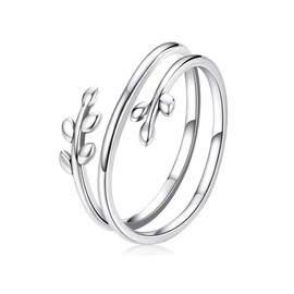 Adjustable Leaf Design Ring, 925 Sterling Silver, Double Circle Vine Pattern