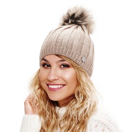 ELIMELI® Cashmere Hat, Women's Winter Warm Knitted Hat, Wool Hat with Cashmere Winter Hat with Faux Fur Bobble Slouch Knitted Beanie Women's for Winter Bobble Hat Made in EU, beige