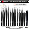 Tweezers 12 Pack, Precision Tweezer Set for Women, Stainless Steel