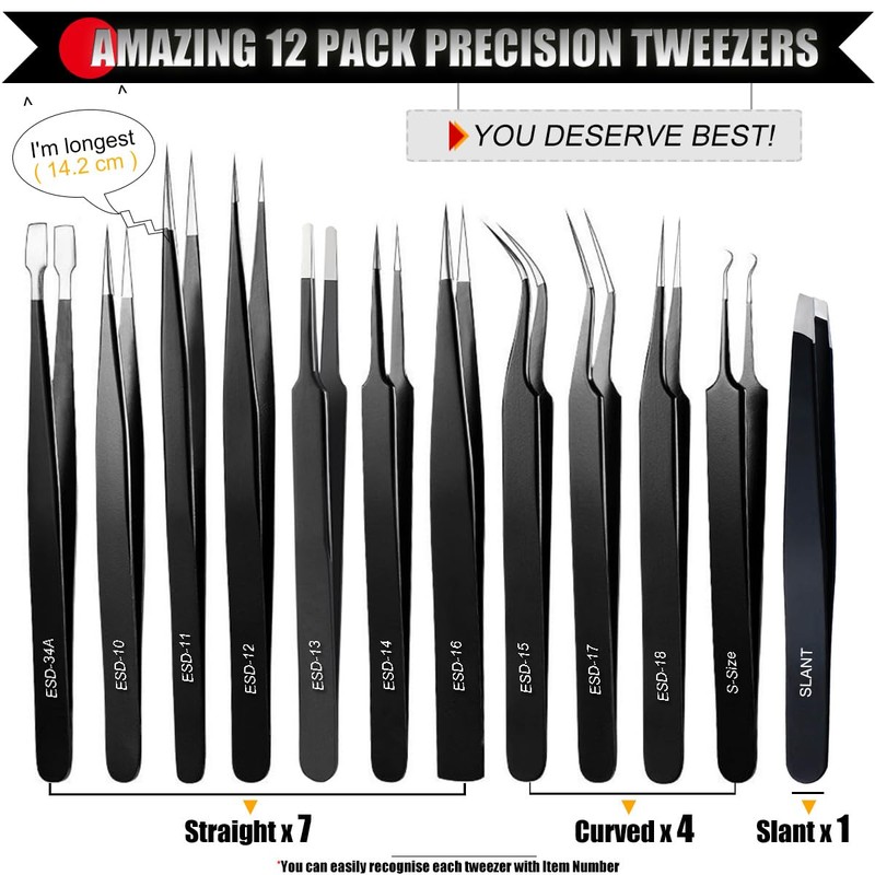 Tweezers 12 Pack, Precision Tweezer Set for Women, Stainless Steel