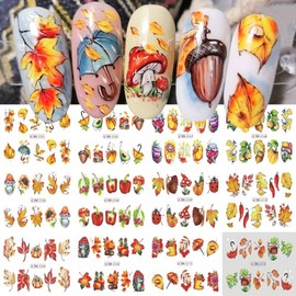 Fall Nail Stickers Maple Leaf Nail Art Decals Autumn Water Transfer Nail Foils Maple Leaves Pumpkin Pinecone Mushroom Design Nail Stickers Thanksgiving Day Nail Art Supplies for Women Decor 12 PCS