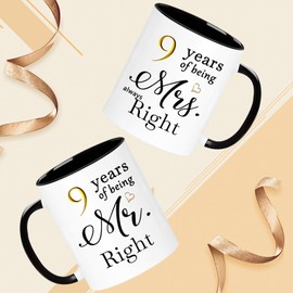 WOSIWULA 9 Year Anniversary Coffee Mugs Set of 2, 9 Years of Being Mr Right/Mrs Always Right, 9th Wedding Anniversary Decorations Gifts Presents Cups for Couple Parents Grandparents, 11oz