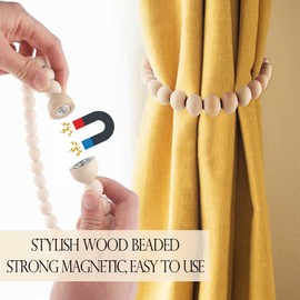 Magnetic Curtain Tiebacks Boho Beaded: Strong Magnets, Boho Decor Wood Bead Curtain Tiebacks, Farmhouse Decor Curtain Tie Backs for Curtain Holdbacks, Baby Nursery Decor, Natural, 2 Pack