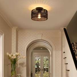 Hchunqjor Coastal Black Woven Flush Mount Light Fixture Rustic Industrial Hemp Rope Round Flush Mount Ceiling Light for Hallway Bedroom Farmhouse Kitchen Entryway Hall, Black