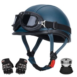 LNCHAO Handmade Leather Motorcycle Helmet Retro Half Face Helmet for Adults Men & Women, Lightweight Open Face 1/2 Vintage Helmets for Moped Cruiser Scooter Chopper DOT Approved (Blue, Small)