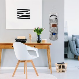 Relaxdays Hanging Organiser, 3 Compartments, Cotton, H x W: 74 x 20 cm, Hanging Bag for Bathroom, Hallway, Office, Hanging Storage, Cream / Grey