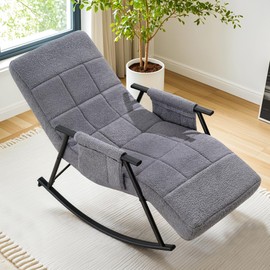 VECELO High Back Nursery Rocking Chair with Foot Rest, Teddy Upholstered Reclining Glider Rocker, Comfy Armchair Padded Seat Removable Side Pockets for Living Room, Bedroom, Balcony, Grey