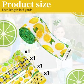 Lemon Wired Edge Ribbon 6 Rolls 2.5 Inch x 5 Yards Each Yellow Summer Themed Craft Ribbon Stripes Dots Buffalo Plaid Lemon Pattern for Gift Wrapping Bow Making DIY Hair Accessories Wreath De