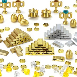 Treasure Building Bricks Accessories Chrome Gold Coins and Bars Golden Eggs Trophies Crown Chest Jewel Gems Diamonds Crystals Bill Bank Cash Play Money Block Toy Model for Medieval Castle Kingdom