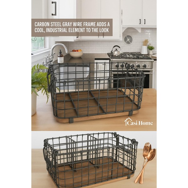 Gray Metal Utensil Caddy with Rustic Wood Base – 3-Compartment