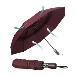 TECKNET Umbrella, automatic folding umbrella, pocket umbrella, stormproof, easy to open and close, excellent stability. Suitable for rainy and snowy days, darkred