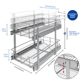 2 Tier Pull Out Cabinet Organizer 11" W X 22" D, Slide Out Drawers For Kitchen Cabinets, Pull Out Drawers For Cabinets Capacity Heavy Duty Caddy, Cabinet Pullout Shelves Chrome-Plated, Bathroom Pantry
