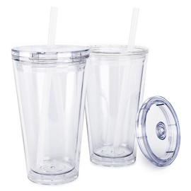 Maars Classic Acrylic Tumbler with Lid and Straw | 16oz Premium Insulated Iced Coffee Cups, Double Wall Reusable Plastic Cups - Clear, 2 Pack