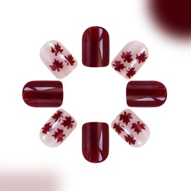 Thanksgiving Press on Nails Short Fake Nails with Maple Leaves Designs Glossy Glue on Nails Red Acrylic Nails Square False Nails Fall Stick on Nails for Women 24Pcs