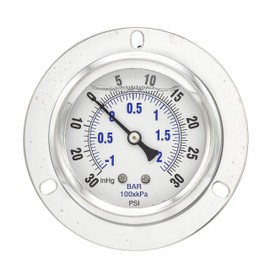 PIC Gauges PRO-204L-254CC Panel Mount Front Flanged Glycerin Filled Industrial Pressure Gauge w/ SS Case, Brass Internals, Plastic Lens, 2.5" Dial, 30/0/30 psi Range, 1/4" Male NPT
