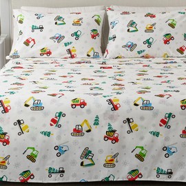 Great Bay Home Christmas Flannel Sheet Set Full Size - 100% Turkish Cotton, Double-Brushed, Winter Bed Sheets - Ultra-Soft, Cozy, 4-Piece Christmas Bedding Set (Christmas Toy Trucks)