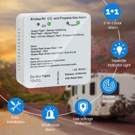 RV Carbon Monoxide & Propane Gas Alarm, Briidea Dual LP/CO Alarm, Separate LED Indicators, 100dB Loud, Early Warning Safety System, 12 VDC, White