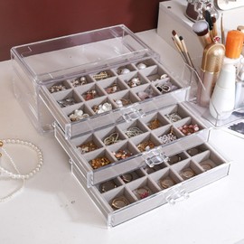 Jinavoty Earring Storage Box, Acrylic Jewelry Storage Box with 3 Drawers 45 Grids Velvet Trays, Earring Storage Organizer Display Case for Women Girls (Gray, 3 Drawers)