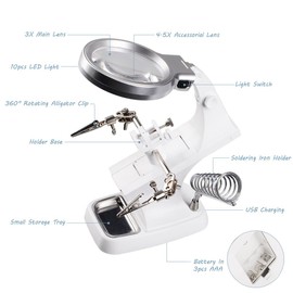 LED Light Helping Third Hand Magnifier Station, YOCZOX Multifunctional Welding Led Magnifier Soldering Iron Stand, 10 LED Lighting 3X Main Lens & 4.5X Accessorial Lens, Auxiliary Alligator Clip, White