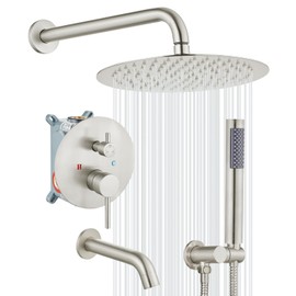 gotonovo 10 Inch Round Shower System with Tub Spout Wall Mount 3 Function Bathtub Shower Faucet Set Rainfall Shower Head Combo Rough-in Valve Trim Kit, Cylindrical Handheld, Brushed Nickel