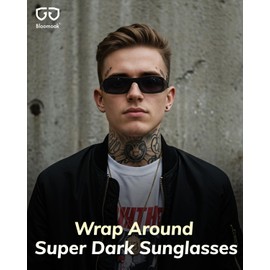 Bloomoak Super Dark Lens Black Polarized Sunglasses|Wrap Around Sport Sunglasses|UV400|CAT 4|For Photophobia(Sensitive Eyes) (Glossy Black/Dark (5% Light Transmission))