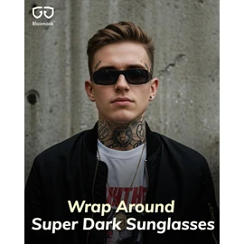 Bloomoak Super Dark Lens Black Polarized Sunglasses|Wrap Around Sport Sunglasses|UV400|CAT 4|For Photophobia(Sensitive Eyes) (Glossy Black/Dark (5% Light Transmission))