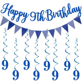 Elicola 9th Birthday Party Blue Decorations Happy 9th Birthday Bunting Banner With 8PCS Hanging Swirls for Boys Birthday Anniversary Party Decor Supplies Blue