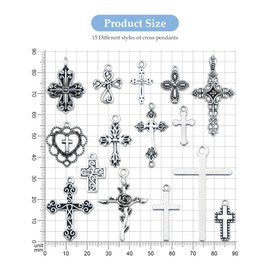 YETOOME 60 Pcs Antique Silver Cross Charms, Alloy Crucifix Pendant Connector for Bracelet Earrings Necklace Jewelry Making (15 Styles)