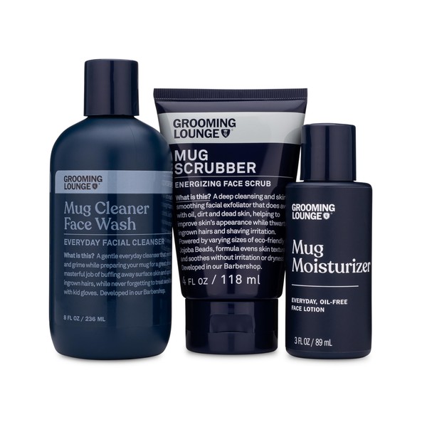 Grooming Lounge Mug Trio Skincare Value Kit - Daily Face Wash, Scrub and Moisturizer Set