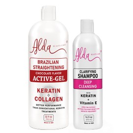 Alda Beauty Care Brazilian Keratin Smoothing Treatment Blowout Straightening System + Clarifying Shampoo Combo Set (Active Gel 32 fl oz + Clarifying Shampoo 16 fl oz)