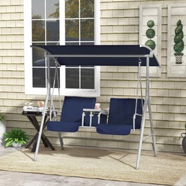 Outsunny 2 Person Porch Swing with Stand, Outdoor Swing with Canopy, Pivot Storage Table, 2 Cup Holders, Cushions for Patio, Backyard, Dark Blue