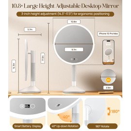 Gospire 10.8 Inch 2-in-1 Large Vanity Mirror with Lights & Bedside Table Lamp, Height Adjustable Lighted Makeup Mirror with Magnification 10X, 5000mAh Battery, 3-Color Desk Light Up Mirrors Bathroom